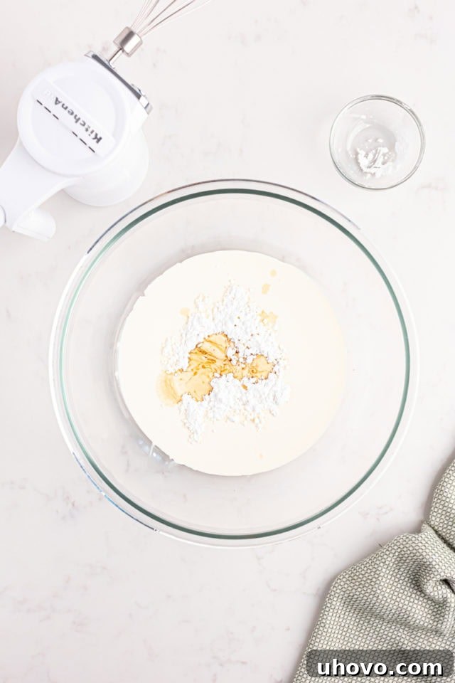 Overhead view of heavy cream, confectioners' sugar, and vanilla extract in a mixing bowl, ready to be whipped into a fluffy topping.