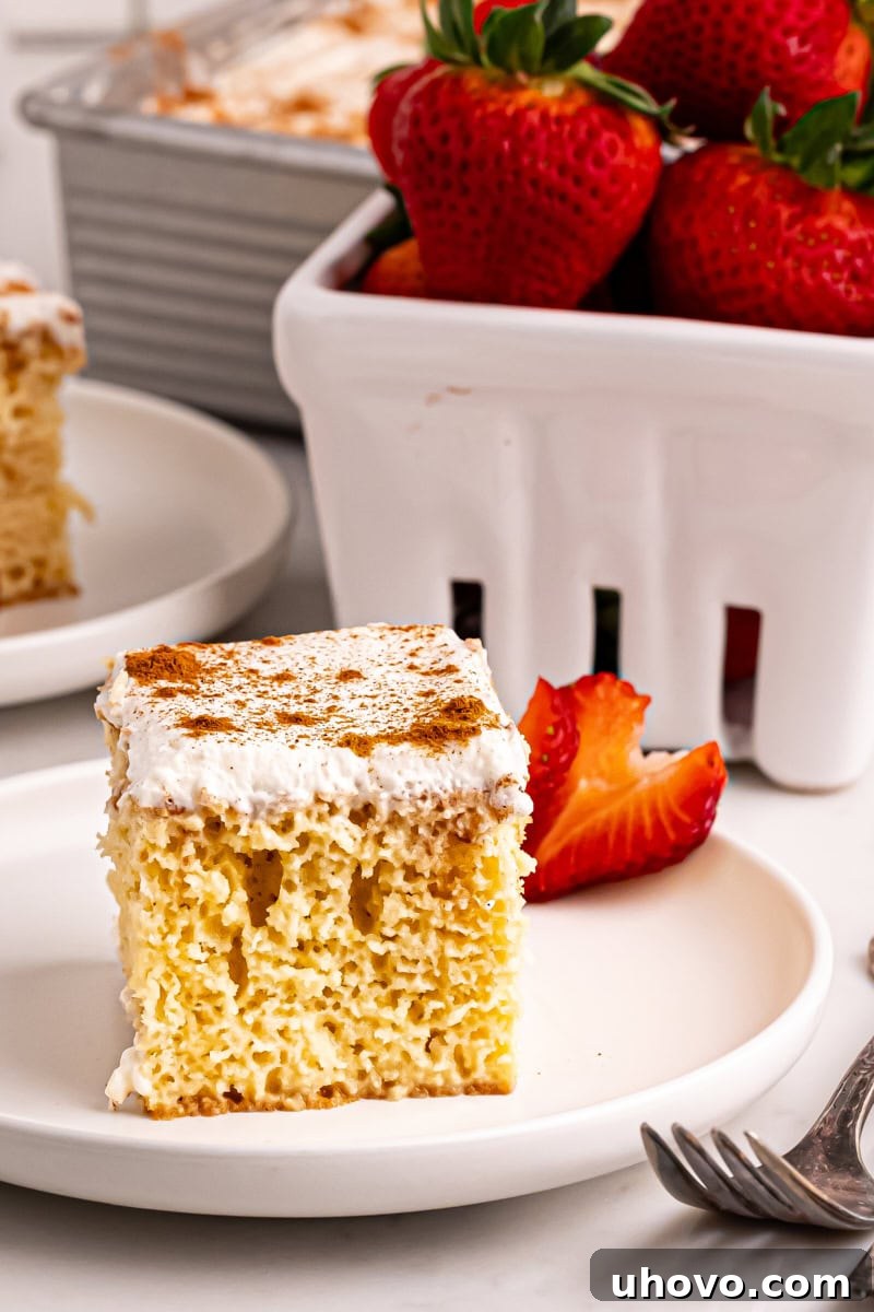 A tempting slice of tres leches cake on a white plate, accompanied by a small basket of fresh, vibrant strawberries, highlighting its freshness.