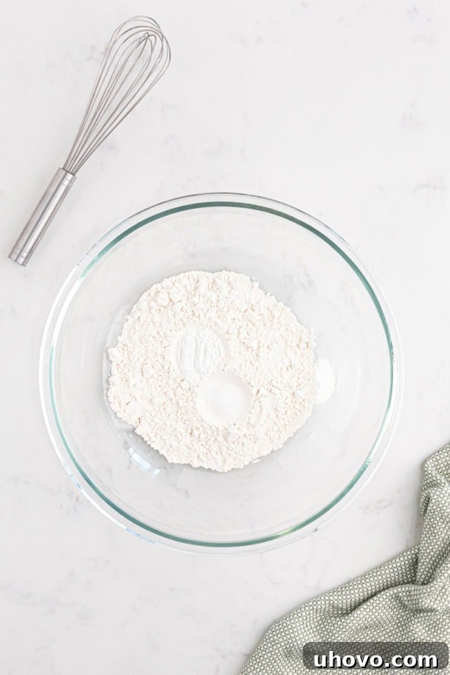 Overhead view of all-purpose flour, baking powder, and salt measured into a clean mixing bowl, ready to be whisked together.