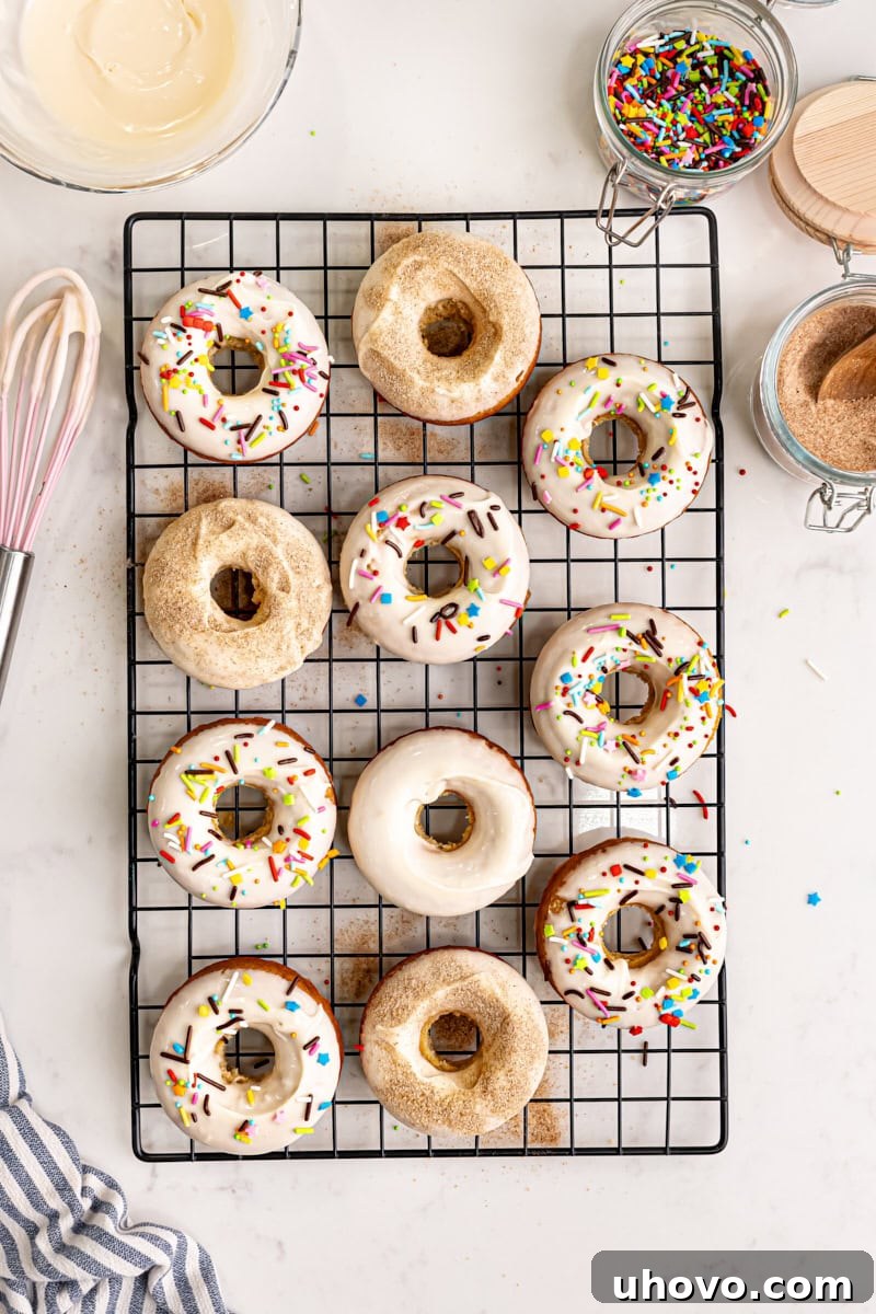 Overhead view of several baked doughnuts adorned with various toppings like sprinkles and cinnamon-sugar, presented on a wire rack.