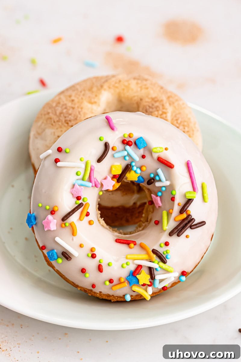 Two perfectly baked and glazed doughnuts presented on a pristine white plate, showcasing their inviting texture.