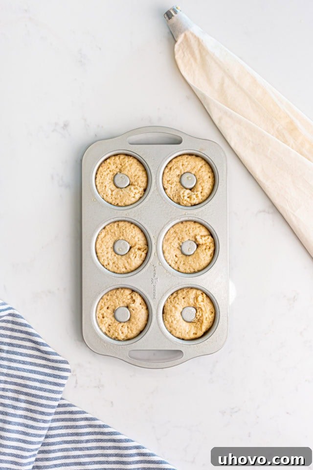 Overhead view of a doughnut pan filled with batter, ready to be placed into the oven for baking.