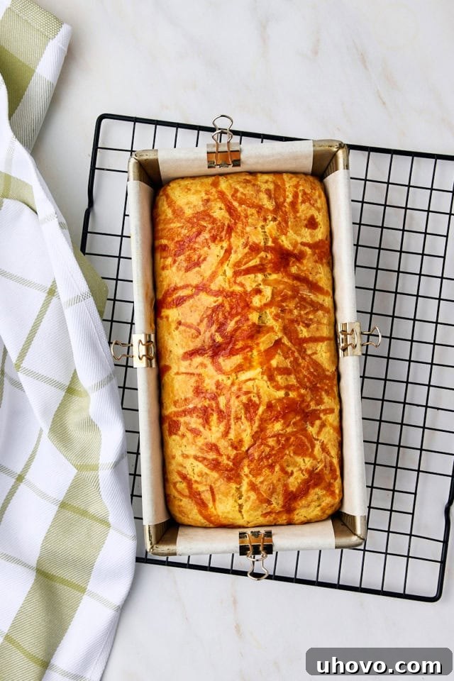overhead view of freshly baked herb and cheese quick bread