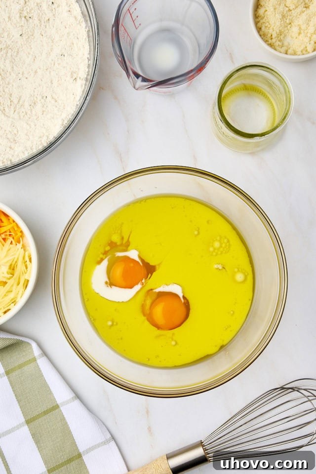 overhead view of olive oil, milk, and eggs in a mixing bowl