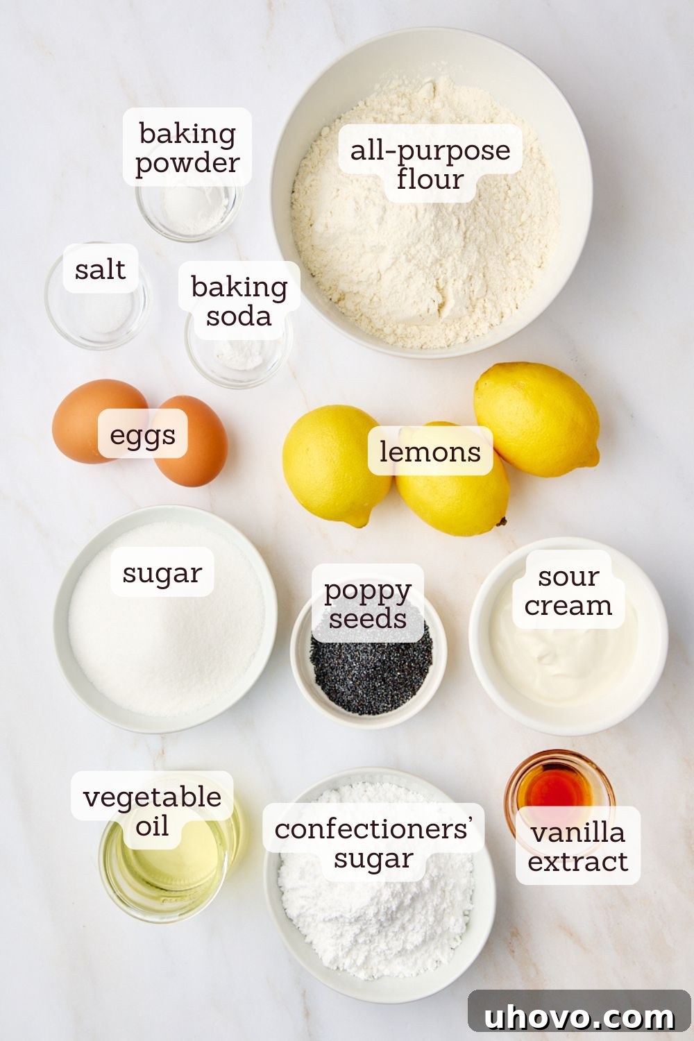 An overhead view of all the fresh ingredients laid out on a marble surface for making lemon poppy seed loaf, including lemons, eggs, flour, and a bowl of poppy seeds.
