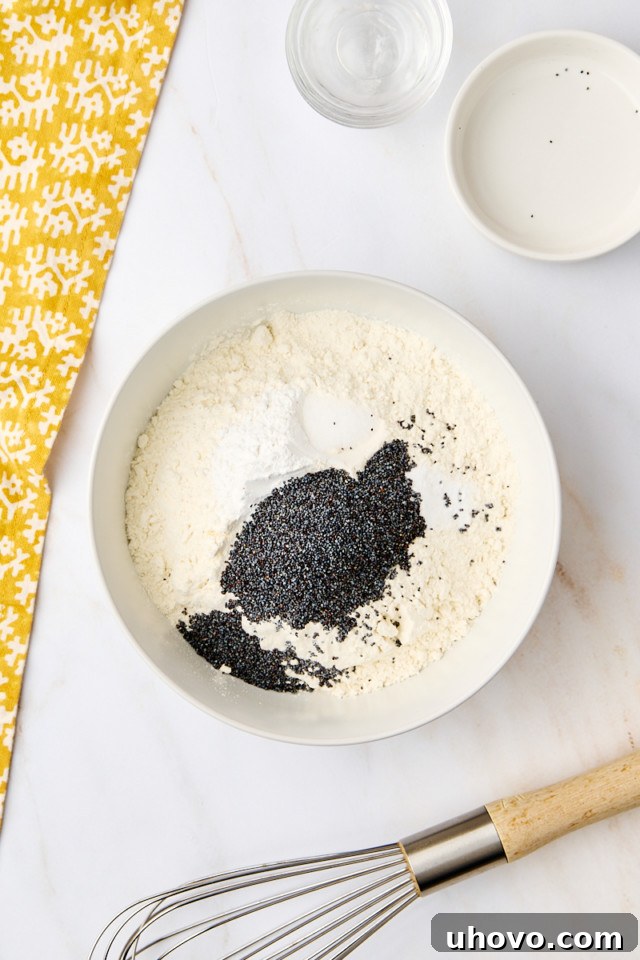 An overhead view of flour, baking powder, baking soda, salt, and poppy seeds meticulously measured into a mixing bowl, ready to be combined for the lemon poppy seed loaf.