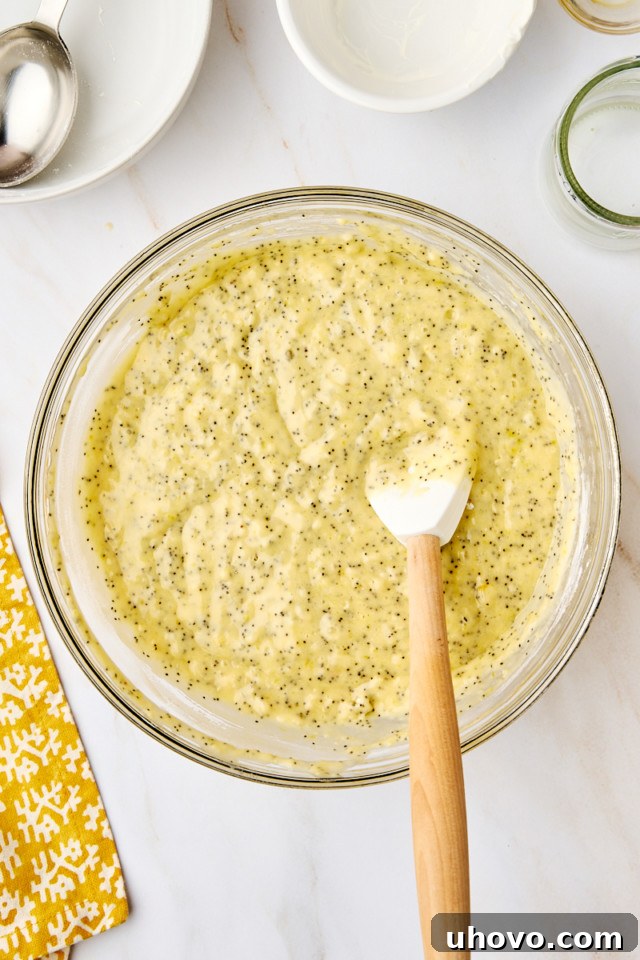 An overhead view of the completed lemon poppy seed loaf batter in a mixing bowl, showing its thick yet pourable consistency with dispersed poppy seeds.