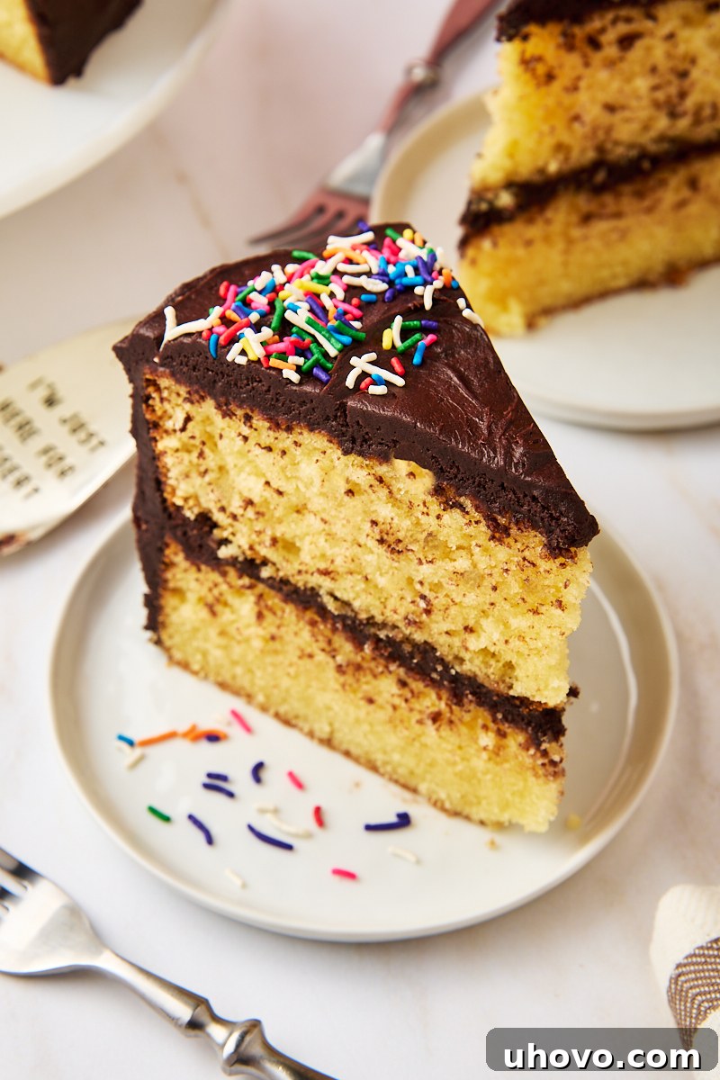 A beautifully sliced piece of classic yellow cake with rich chocolate frosting, served on a crisp white plate, ready to be enjoyed.
