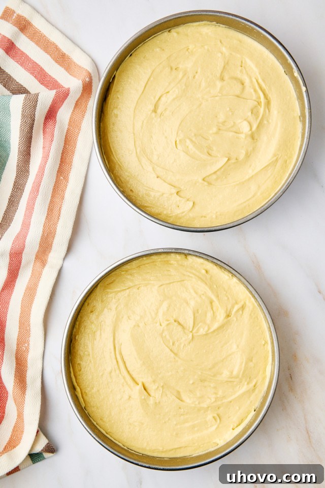 Smooth yellow cake batter evenly divided into two round cake pans, ready for baking.