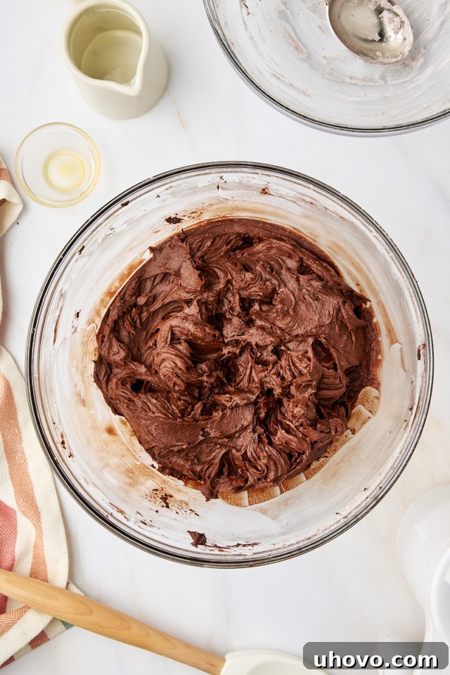 Rich, fluffy chocolate buttercream frosting perfectly mixed and ready to be spread onto a cake, shown in a mixing bowl.