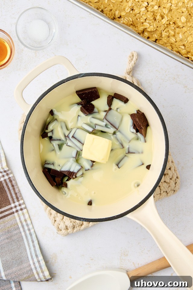 overhead view of sweetened condensed milk, chocolate, and butter in a saucepan