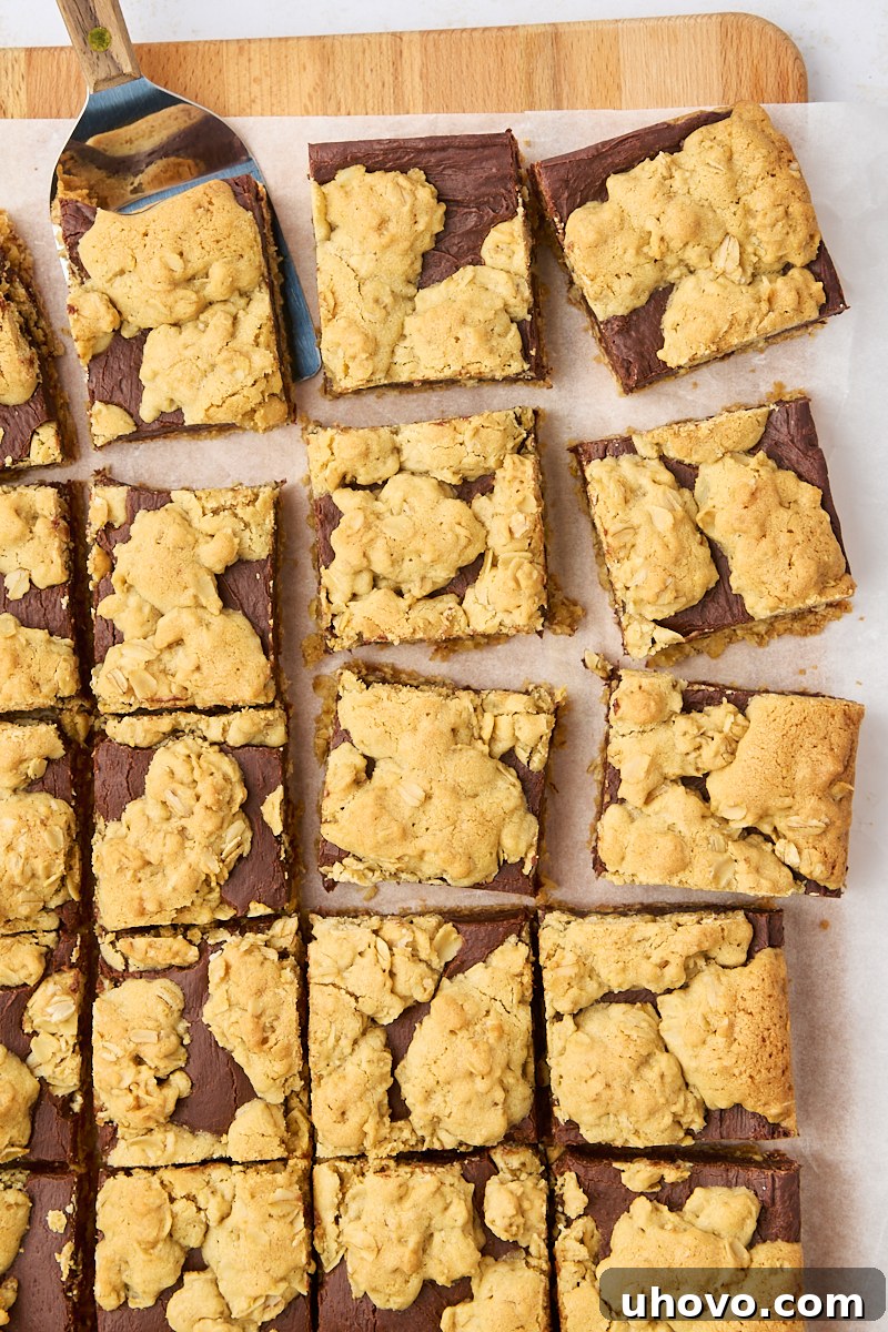 overhead view of sliced revel bars on a cutting board