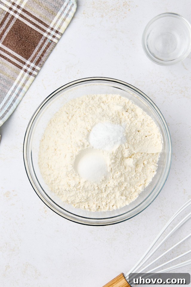 overhead view of flour, baking soda, and salt in a mixing bowl