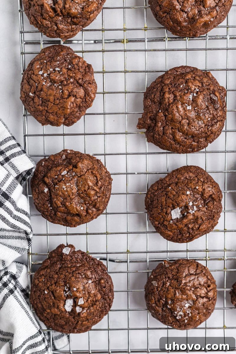 An inviting overhead shot of warm salted chocolate truffle cookies, cooling gently on a wire rack, their crackly tops and soft centers enticing any sweet tooth.