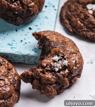 A partial salted chocolate truffle cookie topped with flaky salt, showcasing its perfect texture and garnish.