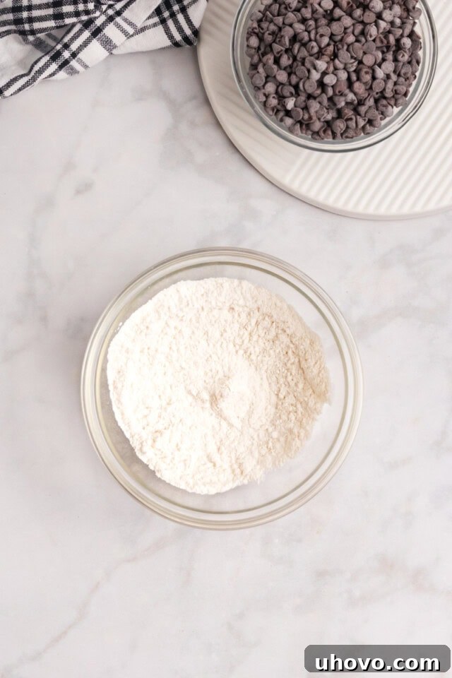 A small mixing bowl from an overhead perspective, holding all-purpose flour, baking powder, and salt, perfectly combined and awaiting integration.