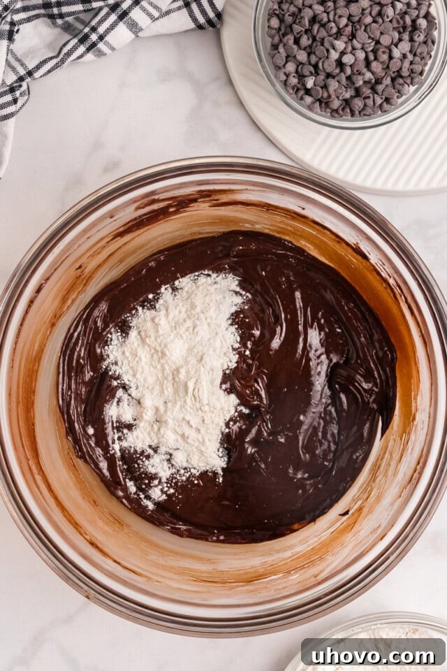 An overhead close-up shot of the dry ingredients (flour mixture) being gently folded into the rich, wet chocolate cookie batter in a glass mixing bowl.