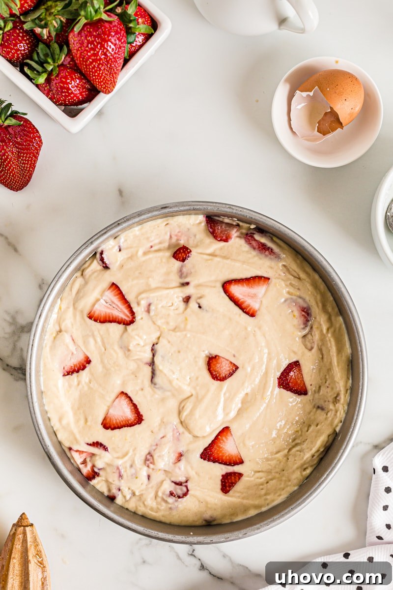 Overhead view of the smooth cake batter evenly spread in the prepared round baking pan, ready for the oven.