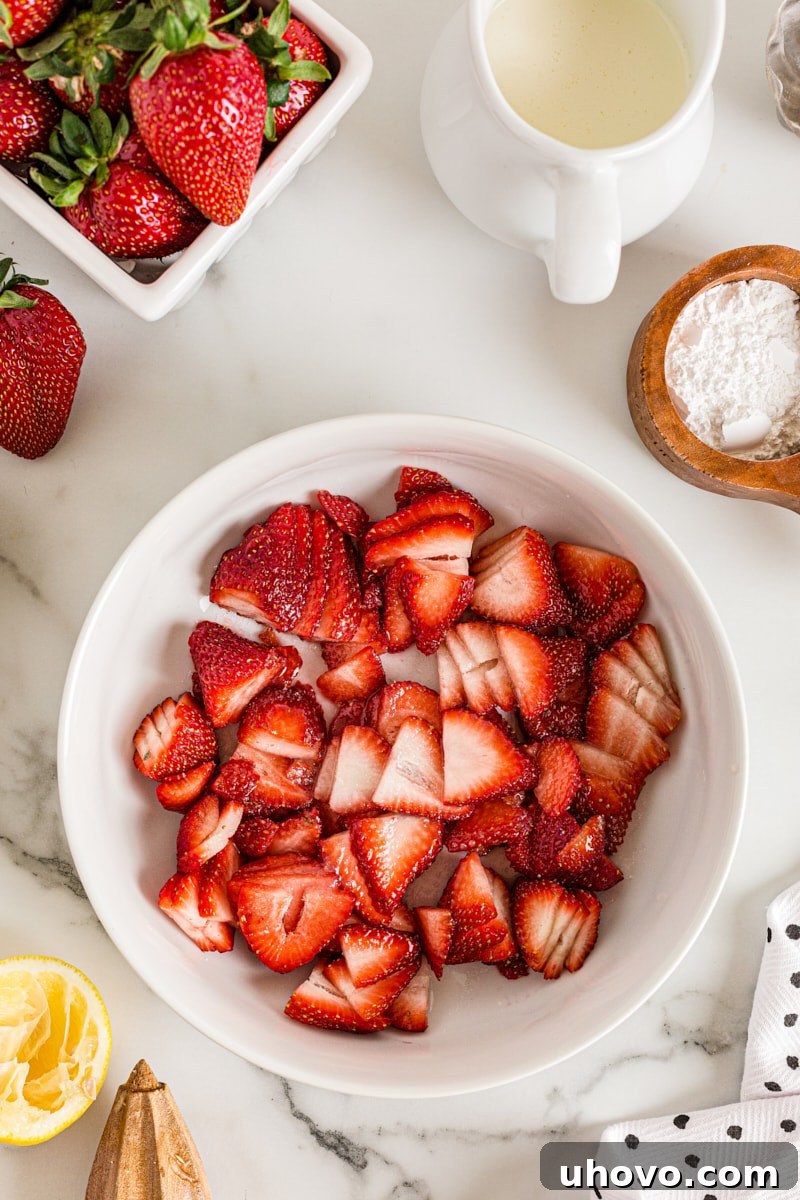 Overhead view of fresh strawberry slices, lemon juice, and sugar combined in a bowl, ready for maceration.