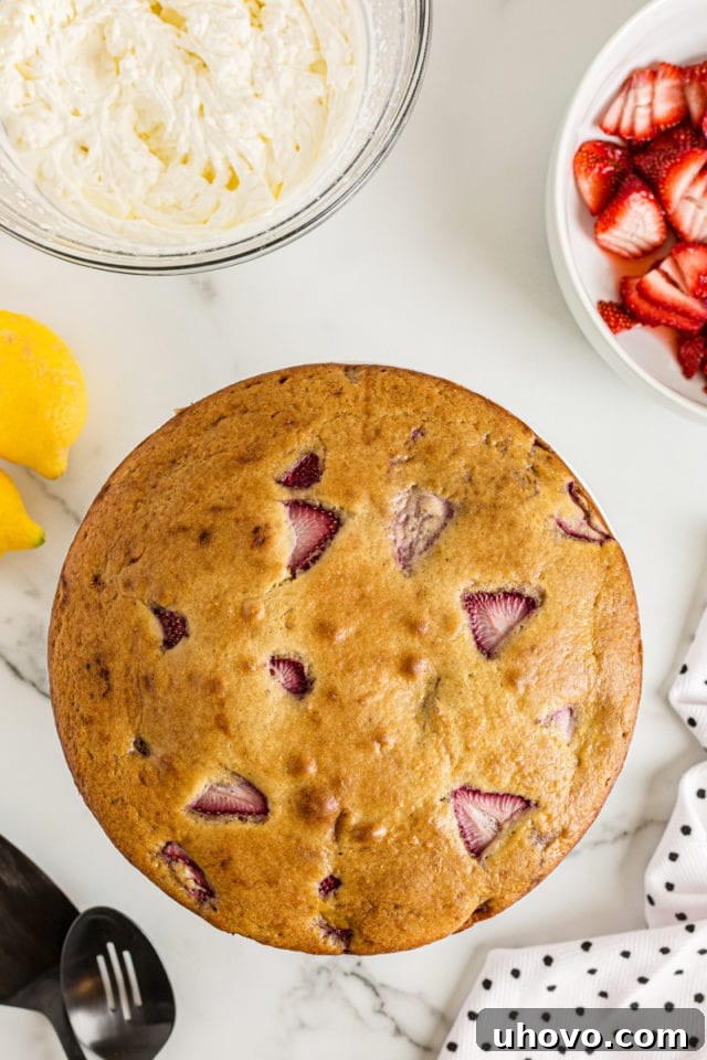 Overhead view of the cooled Lemon-Strawberry Shortcake cake, smooth and golden, before any toppings are added.