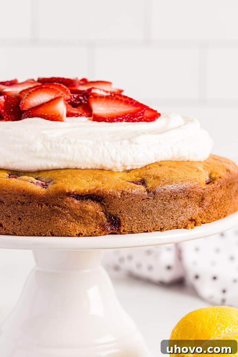 A beautiful side view of the Lemon-Strawberry Shortcake Cake presented on a cake stand, showcasing its elegant layers and fresh topping.