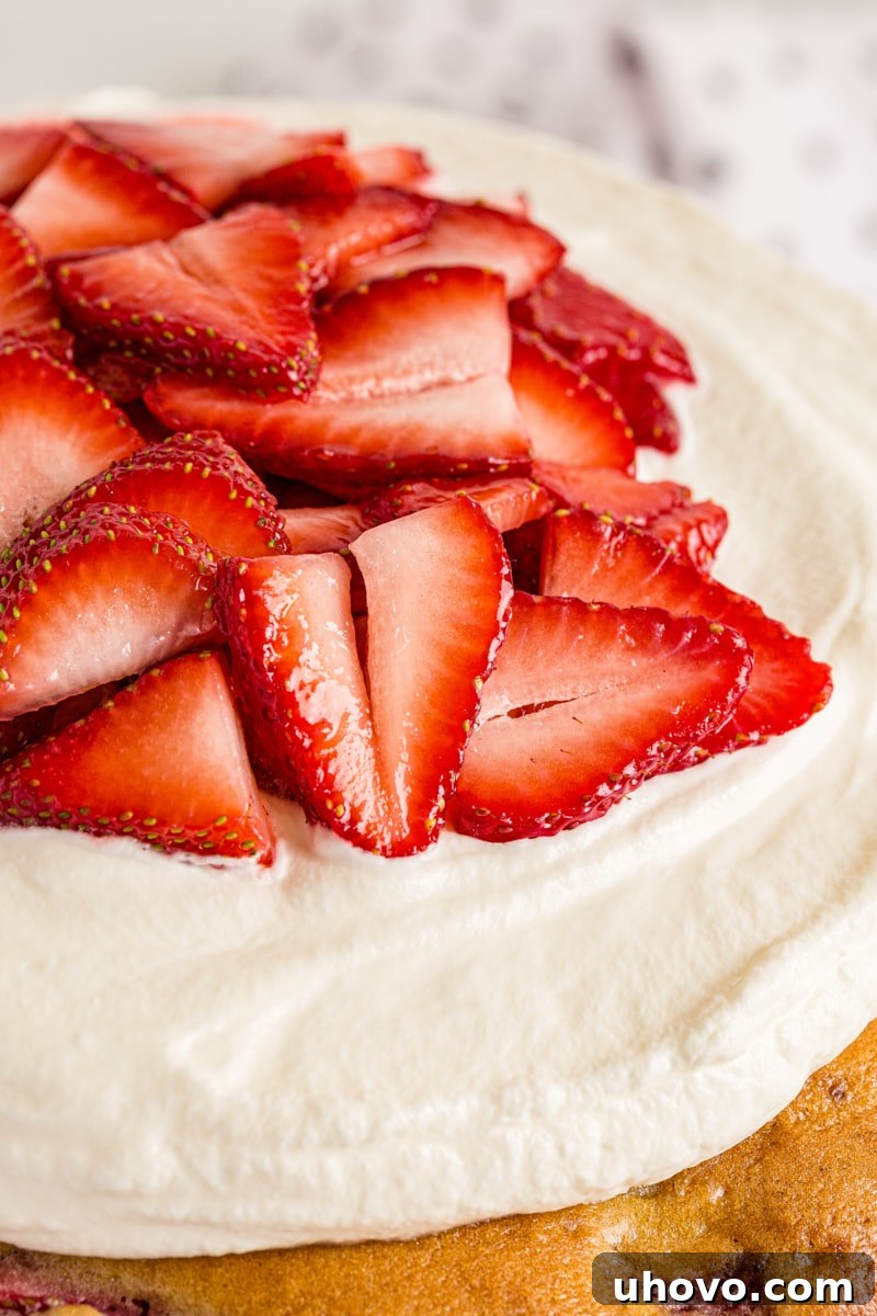 A close-up view of the Lemon-Strawberry Shortcake Cake, highlighting the fluffy whipped cream and glistening fresh strawberry topping.