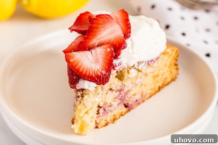 Closeup of Lemon-Strawberry Shortcake on a plate, showcasing its fluffy whipped cream and vibrant strawberry topping.