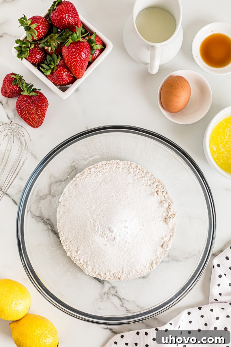 An overhead view of the dry cake ingredients (flour, sugar, baking powder, baking soda, salt) perfectly mixed in a large mixing bowl.