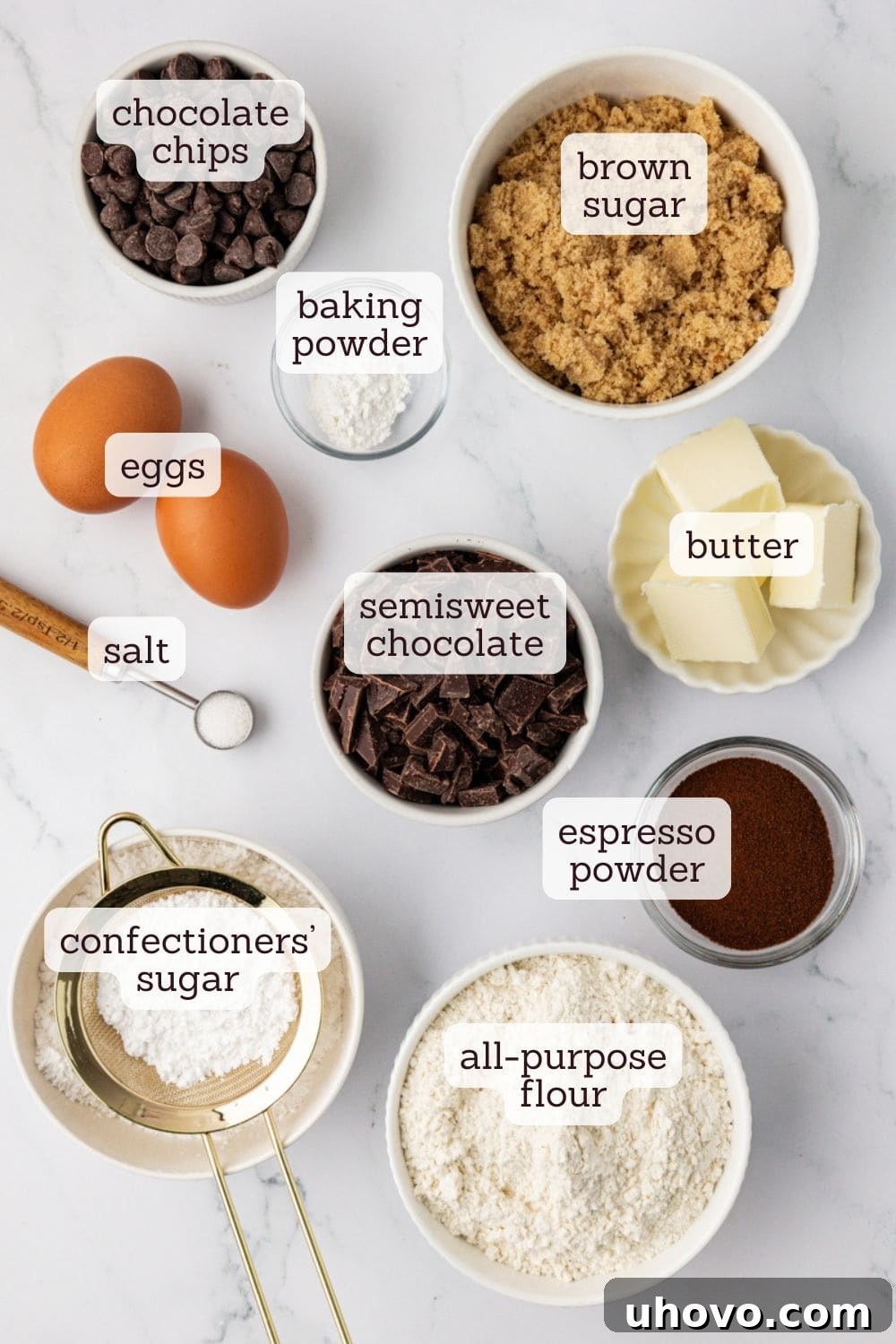 Overhead view of ingredients for chocolate espresso cookies