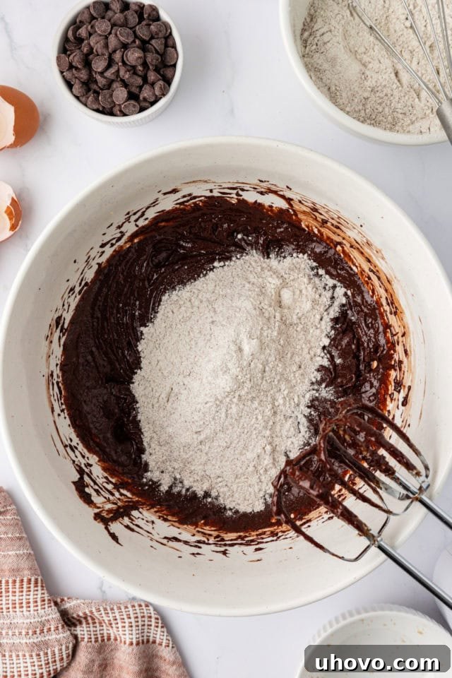 Dry ingredients added to wet ingredients for chocolate espresso cookies