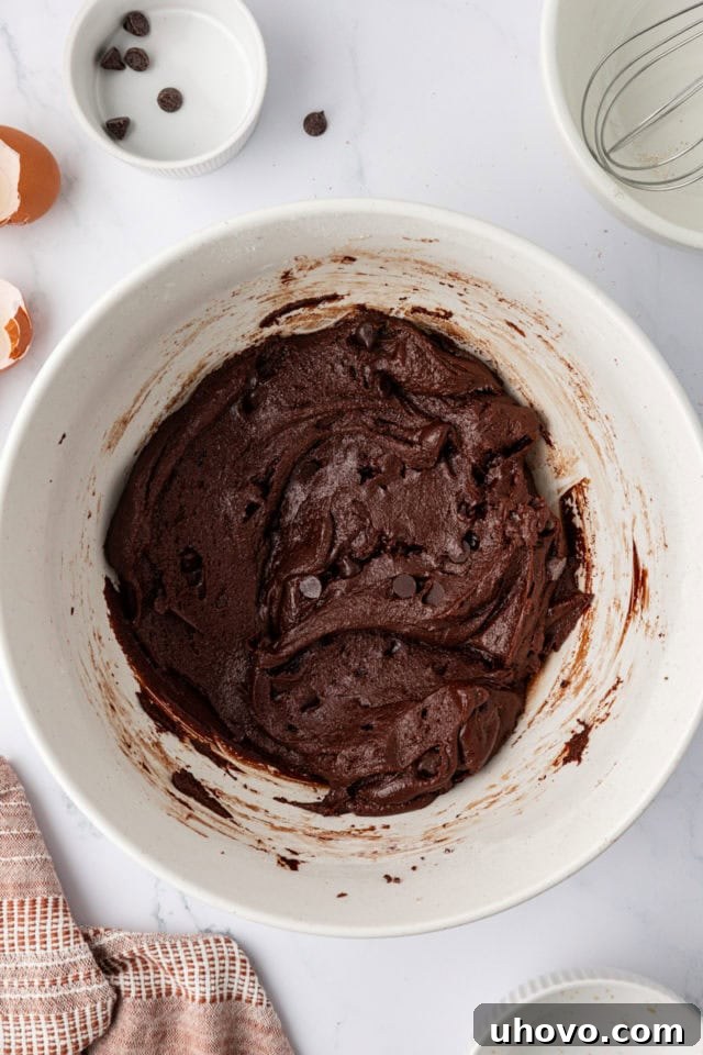 Overhead view of chocolate espresso cookie dough in bowl