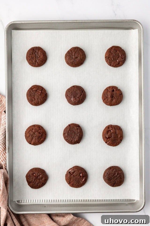 Overhead view of chocolate espresso cookies on parchment-lined baking sheet