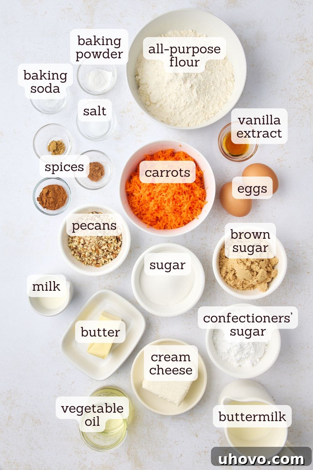 An overhead view of various labeled baking ingredients for carrot cake muffins, including flour, baking powder, baking soda, salt, vanilla extract, eggs, spices, carrots, sugar, brown sugar, pecans, milk, butter, cream cheese, confectioners’ sugar and buttermilk.