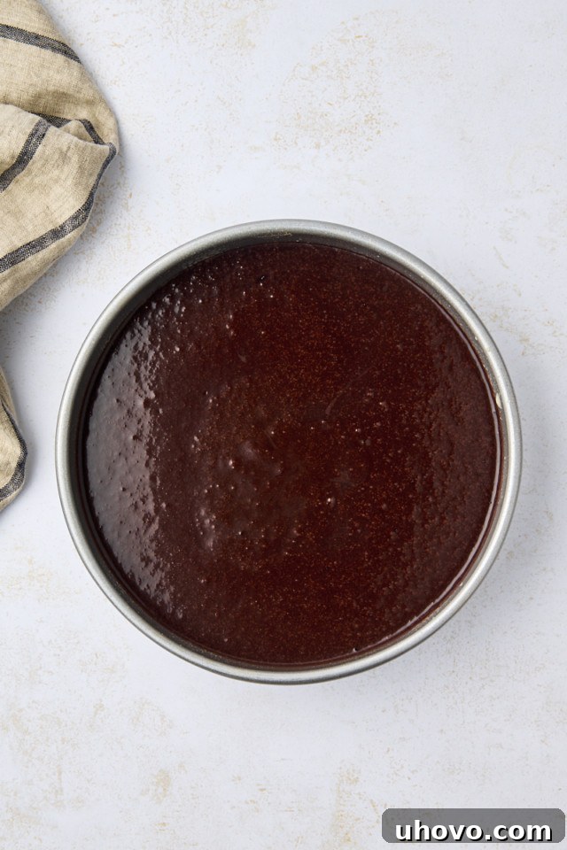 Overhead view of the smooth Guinness chocolate cake batter poured into a prepared round cake pan, ready for baking.