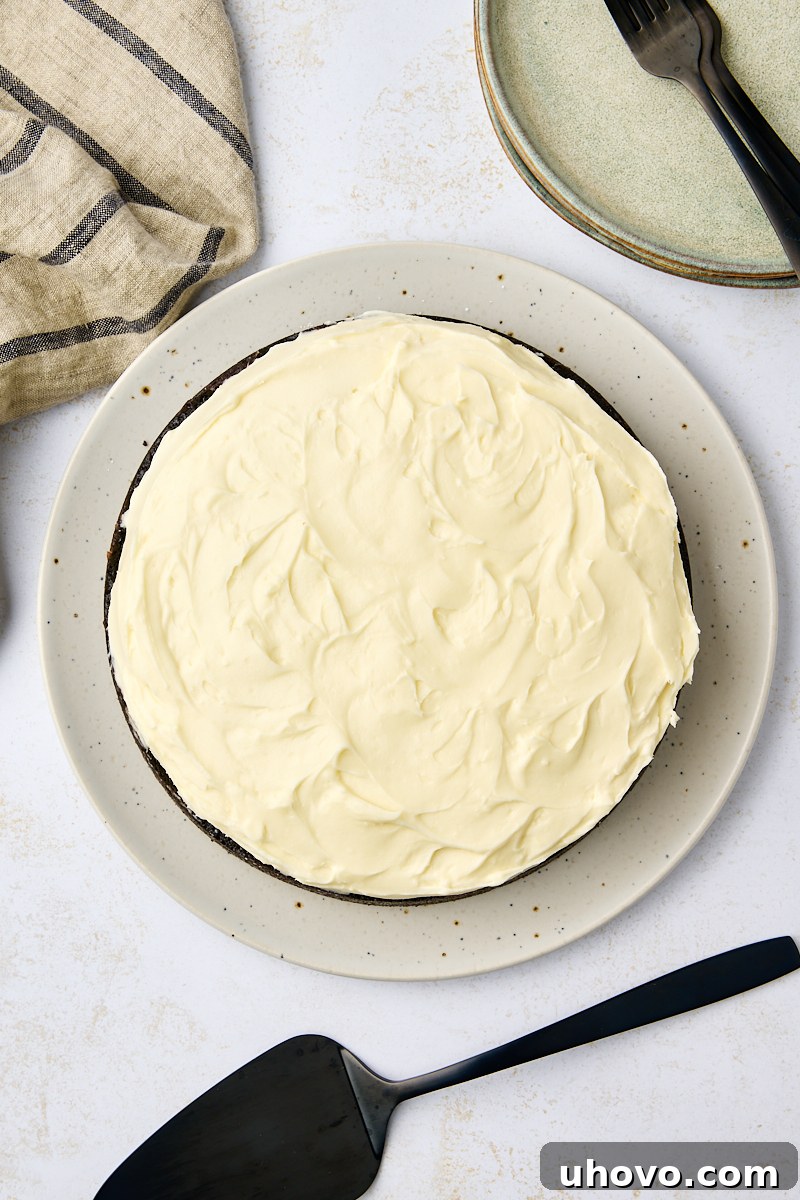 Overhead view of a beautifully frosted Guinness chocolate cake on a beige speckled cake plate, ready to be served.