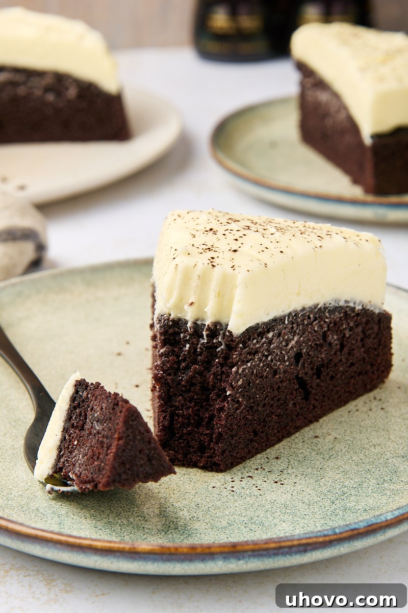 A close-up slice of Guinness chocolate cake on a plate with a fork, showing the moist interior and a bite taken out.