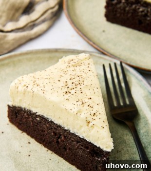 A slice of Guinness chocolate cake on a green plate with another slice in the background, showcasing the frosting and moist interior.