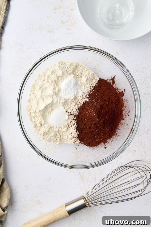 Overhead view of flour, cocoa powder, baking soda, and salt measured into a glass mixing bowl, ready to be combined.