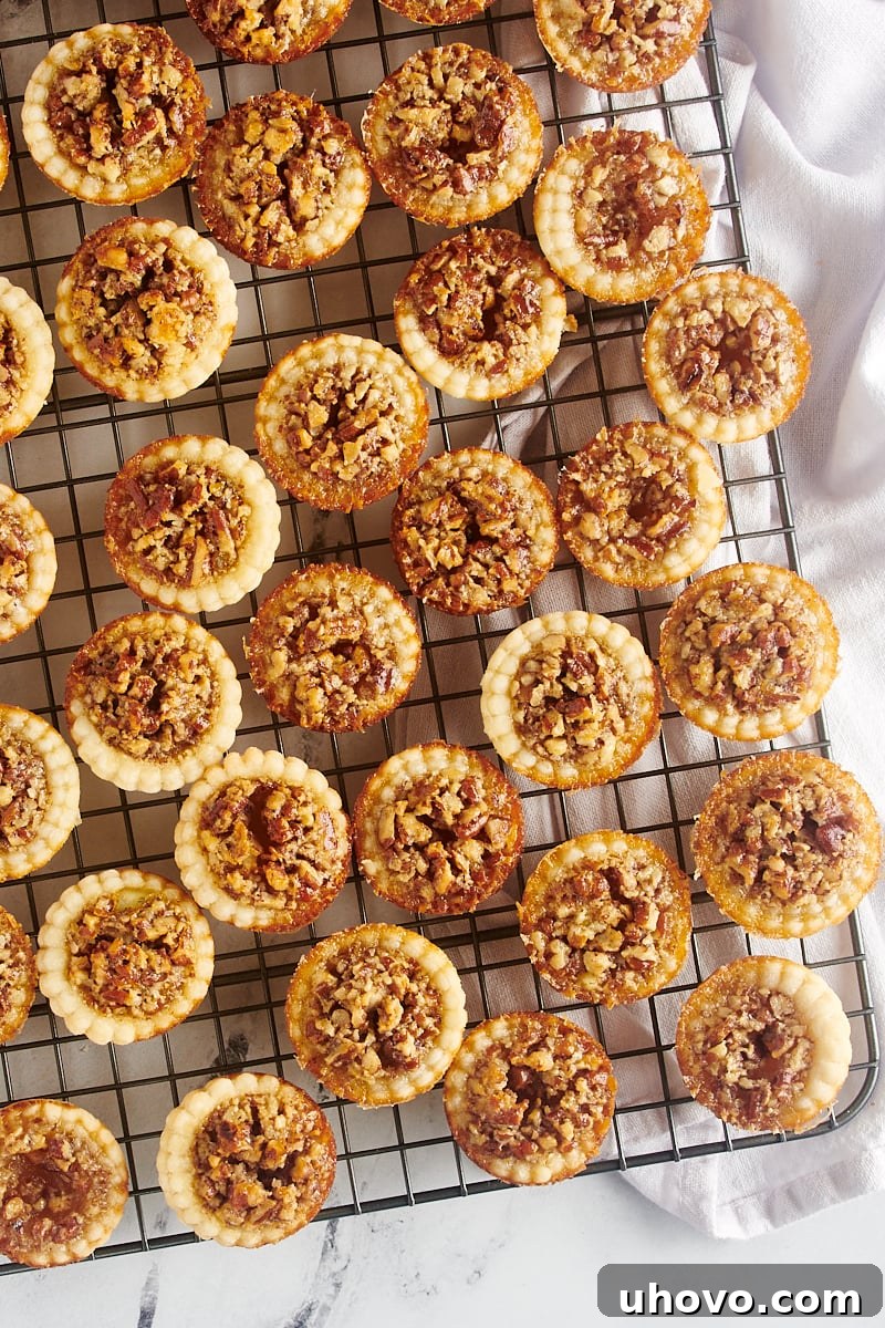 Mini pecan pies cooling on a wire rack on a kitchen counter, allowing them to fully set and achieve optimal texture.