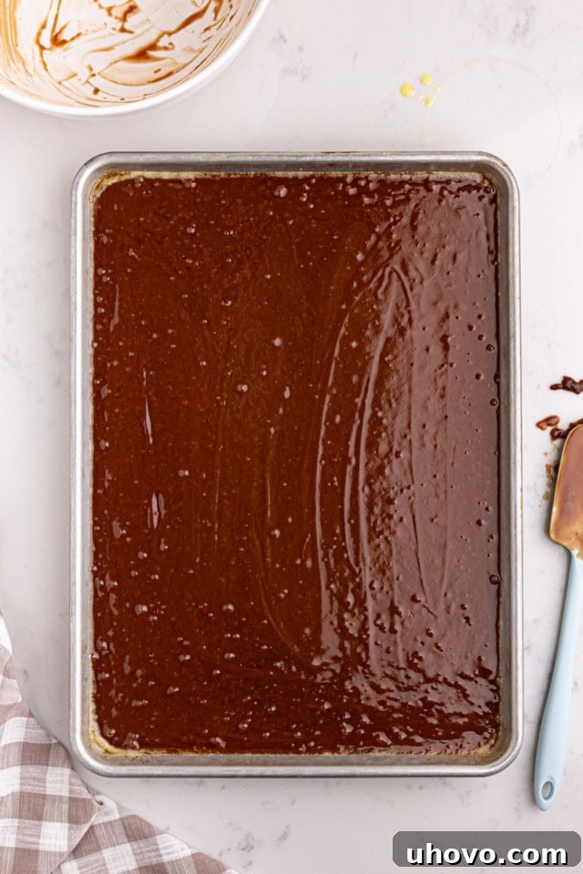 Texas sheet cake batter evenly spread in a rectangular baking pan, perfectly prepared for the oven.