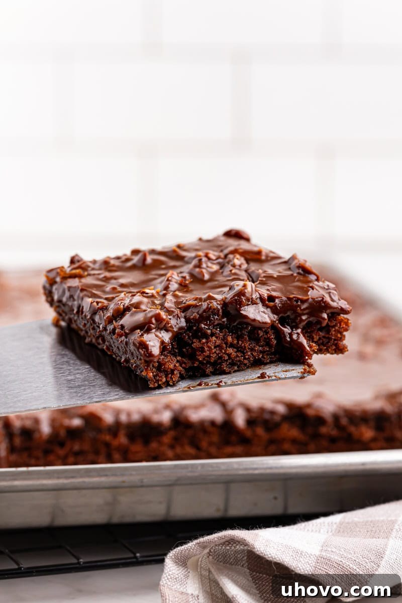 A slice of Texas Sheet Cake being carefully lifted from the baking pan with a spatula, showing its moist crumb and rich frosting.