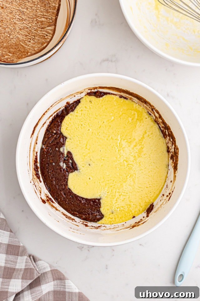 The bowl of whisked wet ingredients being poured into the partially mixed chocolate cake batter.