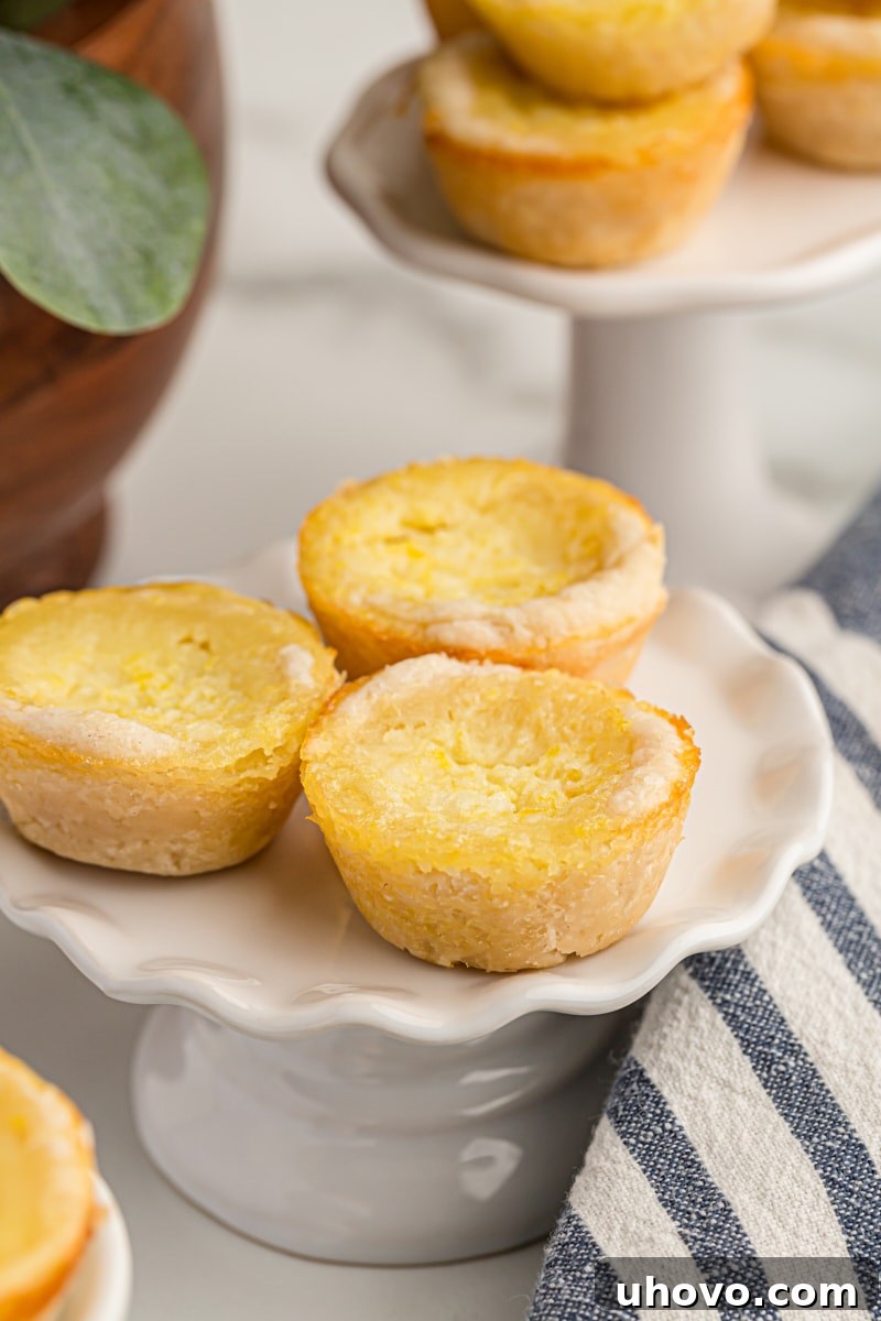 Three perfectly baked Lemon Chess Tartlets artfully arranged on a small white pedestal, highlighting their golden crust and creamy filling.