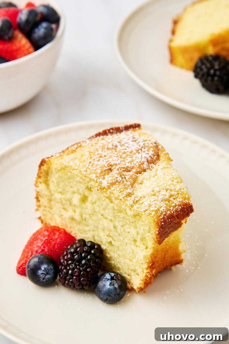 A slice of whipped cream cake topped with powdered sugar and served with fresh berries on a white plate. This cake is incredibly soft and rich in vanilla flavor, with whipped cream replacing butter for a delicate crumb. Perfect with berries, powdered sugar, or a drizzle of chocolate.