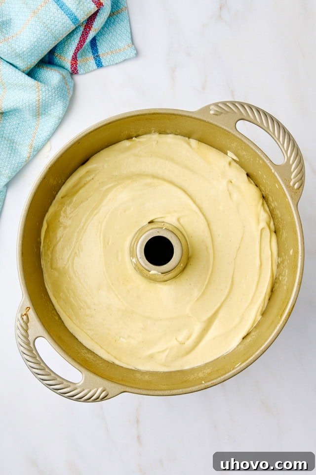 Overhead view of whipped cream cake batter in a tube pan, ready to go into the oven.