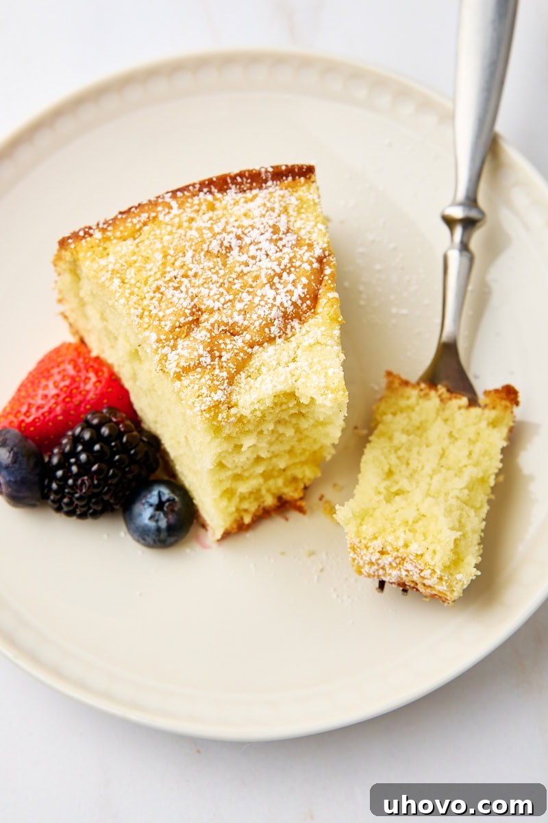 A slice of whipped cream cake and fresh berries on a white plate with a bite of cake on a fork, emphasizing its soft texture. This cake is incredibly soft and rich in vanilla flavor, with whipped cream replacing butter for a delicate crumb. Perfect with berries, powdered sugar, or a drizzle of chocolate.