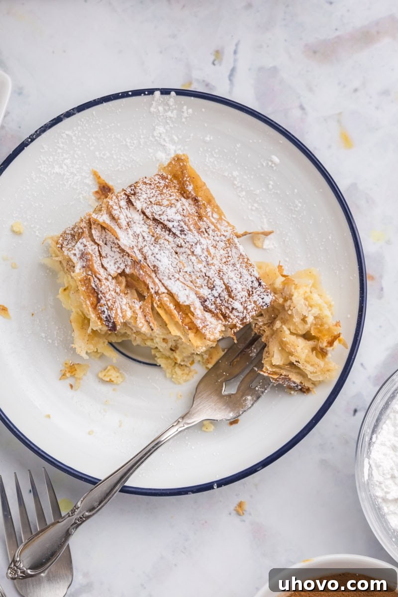 An overhead shot of a delightful slice of crinkle cake on a plate, with a fork holding a perfect bite, inviting you to taste.