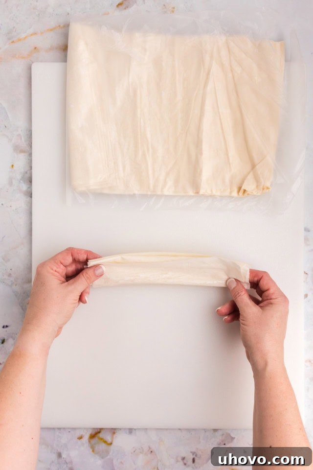 A sheet of phyllo dough expertly folded accordion-style, ready for baking, showcasing its beautiful ruffled texture.