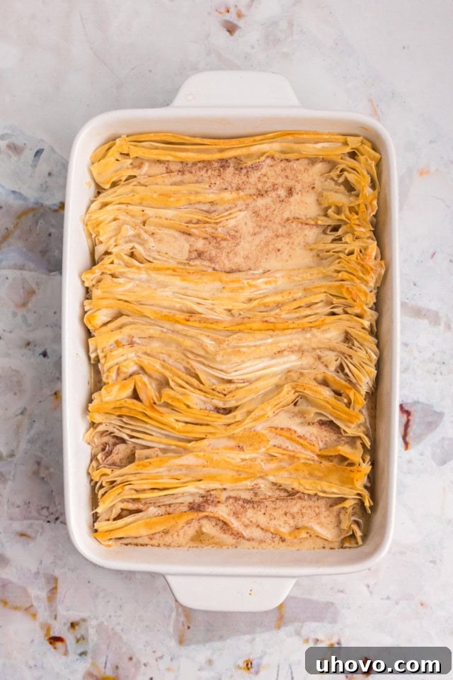The assembled crinkle cake in a rectangular baking pan, with the liquid custard mixture beautifully soaking into the pre-baked phyllo, ready for its final bake.