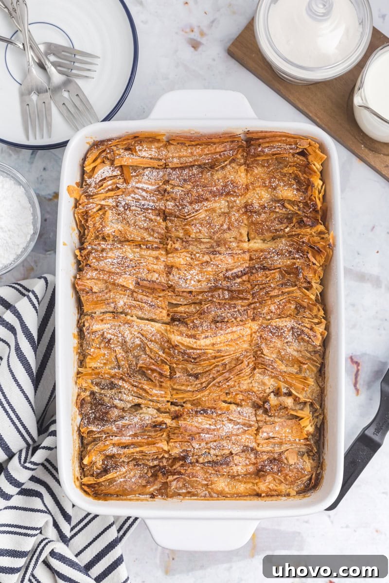 An overhead view of a freshly baked, golden crinkle cake, still in its rectangular baking pan, showcasing its beautiful crinkled texture.